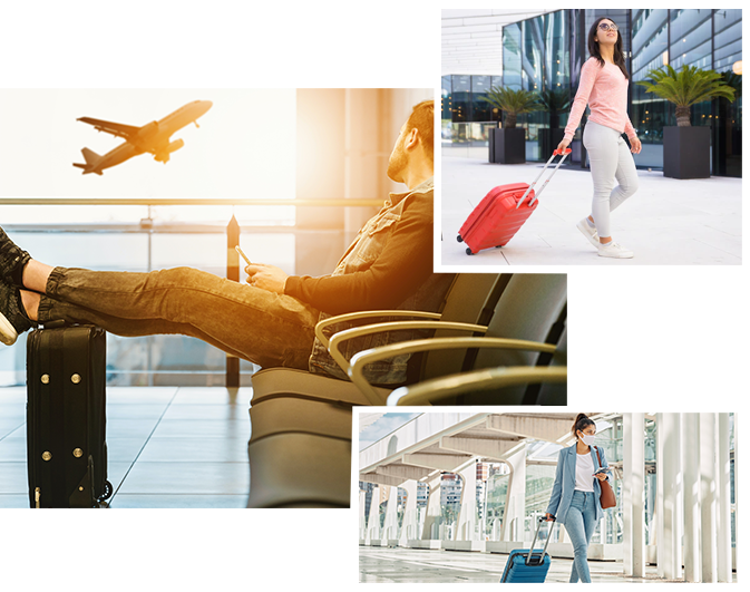 Four images depicting individuals seated in an airport, showcasing diverse expressions and interactions in a travel setting.