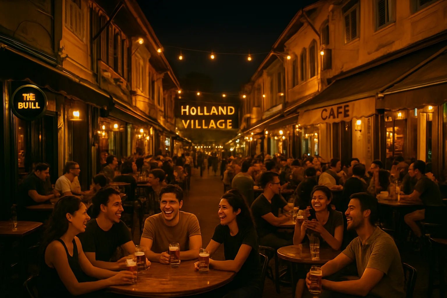 Casual outdoor bar with relaxed crowd enjoying chill evening atmosphere.