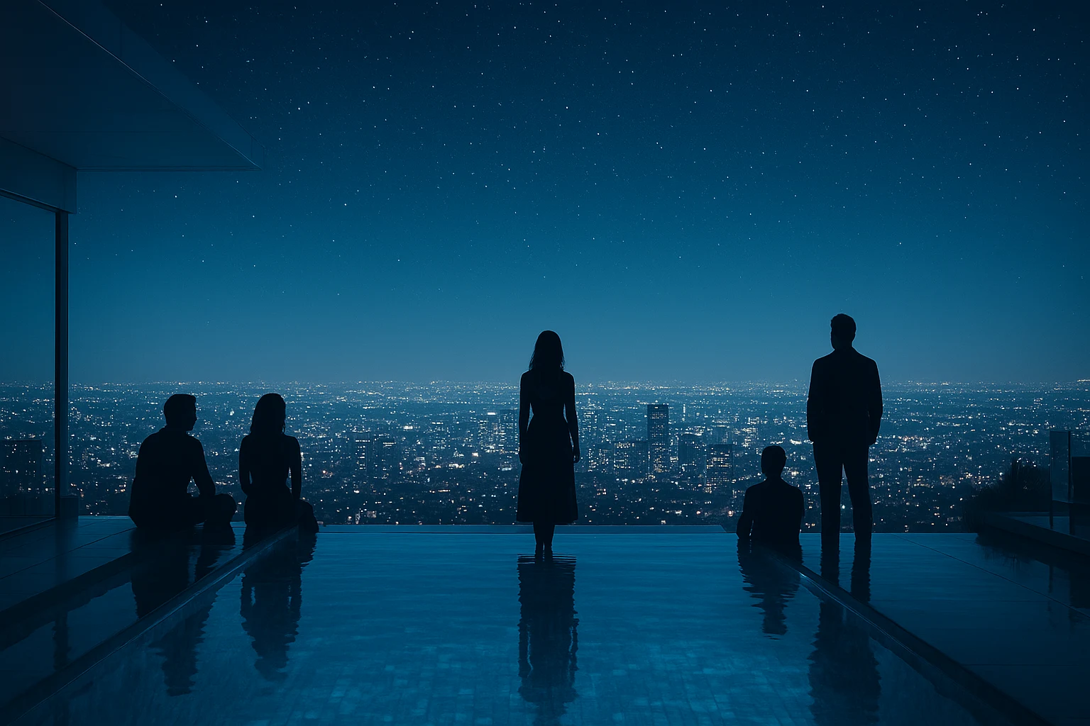 Rooftop nightlife with skyline view and infinity pool under city lights.
