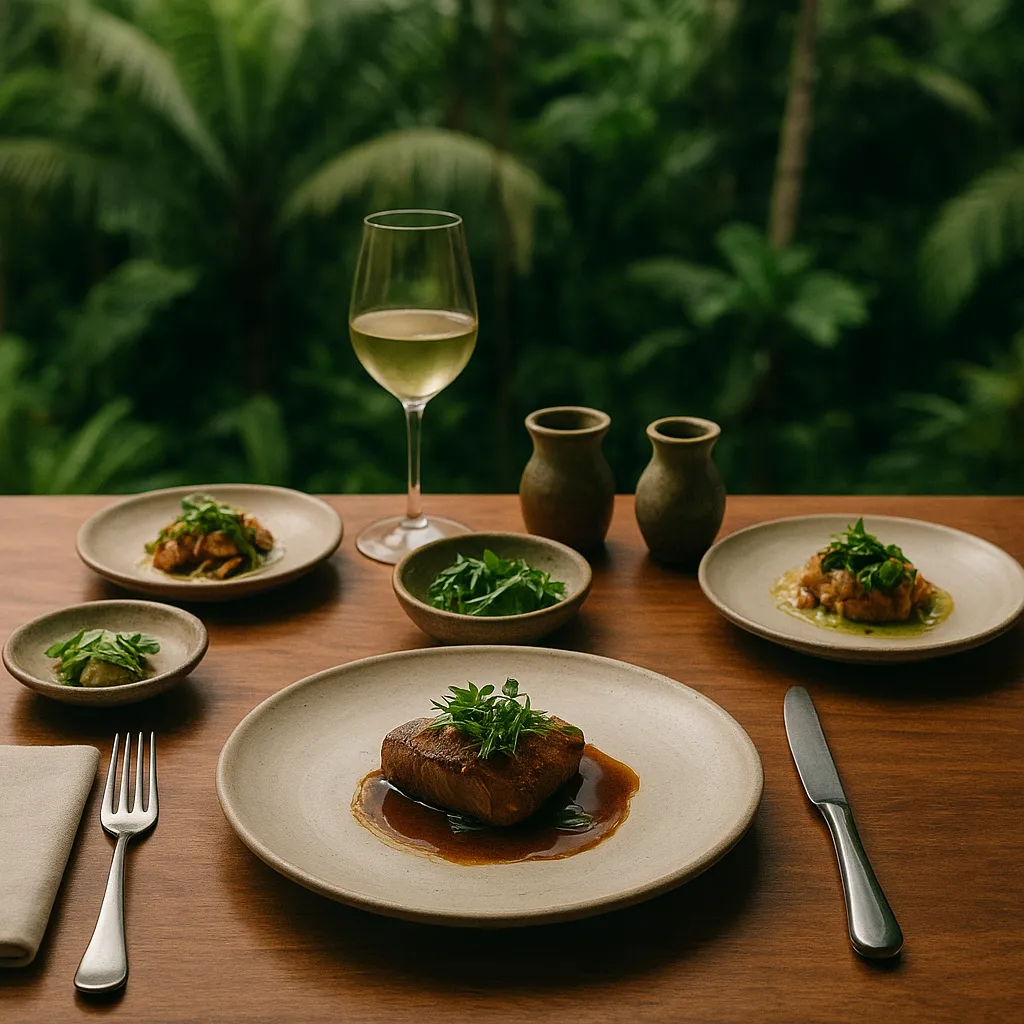 Elegant fine dining table in Ubud, Bali, with a 7-course tasting menu plated artistically, wild-foraged greens, and house-fermented sauces, served on minimalist stoneware, tropical jungle in background, cinematic food photography style.