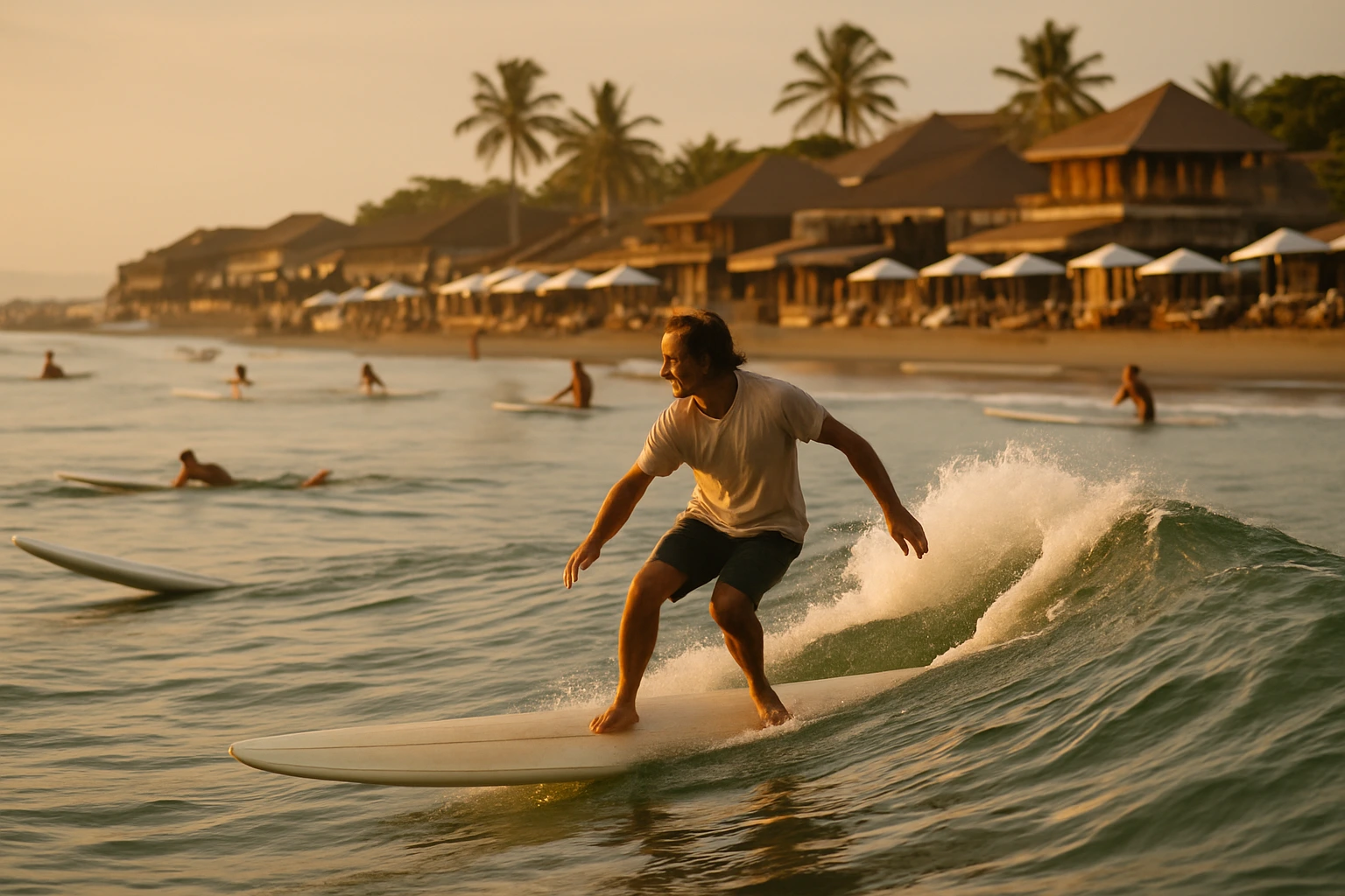 A surfer rides a mellow wave at Batu Bolong Beach in Canggu during golden hour, with longboards, beach cafes, and a relaxed tropical atmosphere in the background.