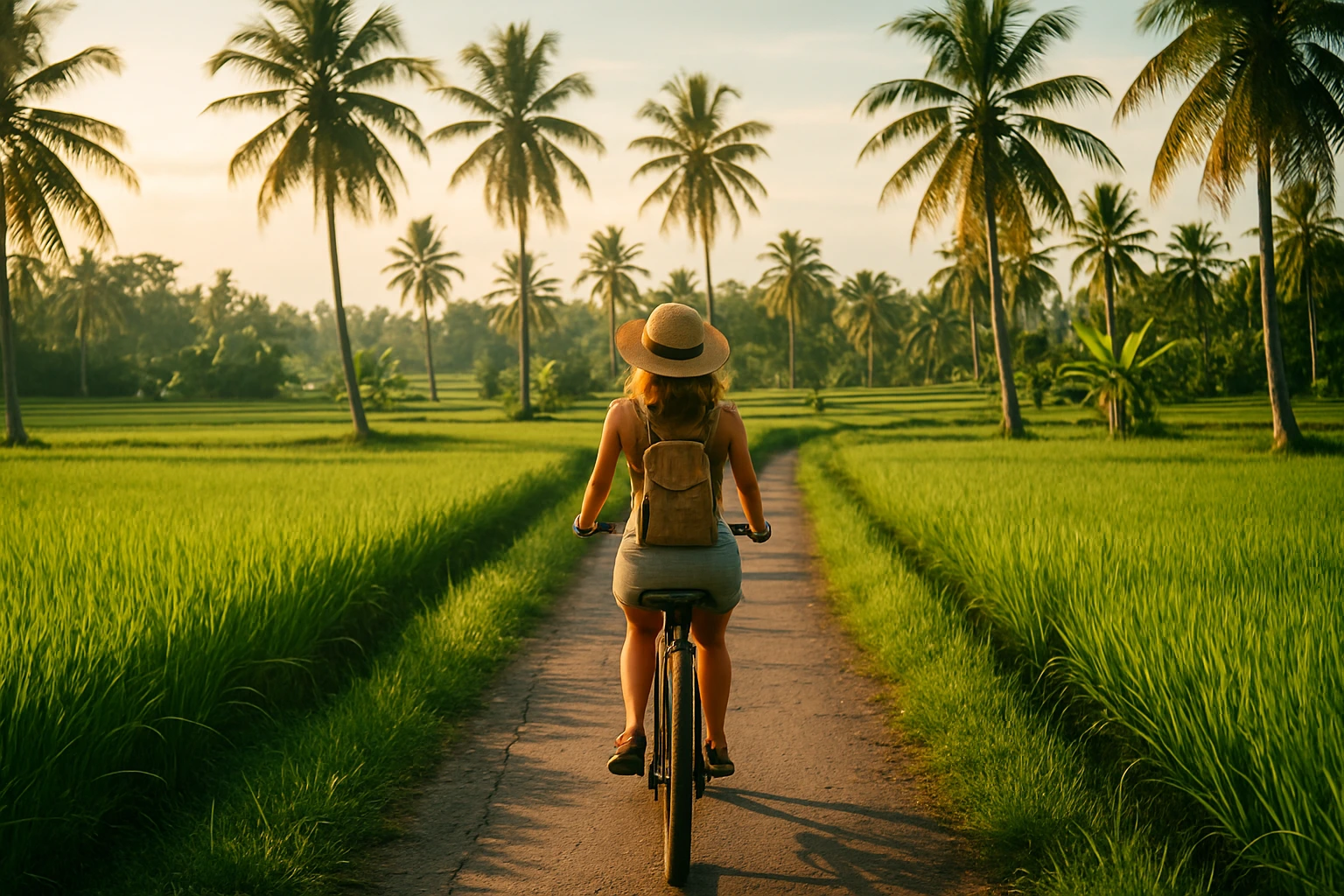 A traveler bikes through lush green rice fields near Canggu, surrounded by palm trees and tropical sunlight, evoking a sense of freedom and calm.