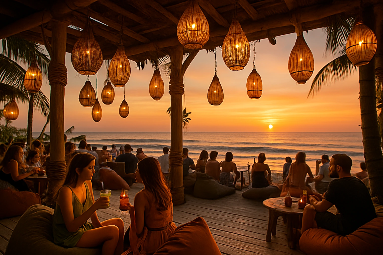 A stylish Bali beach club with rustic lanterns, beanbags, and people enjoying cocktails during sunset, set against the ocean and Instagram-worthy lighting.