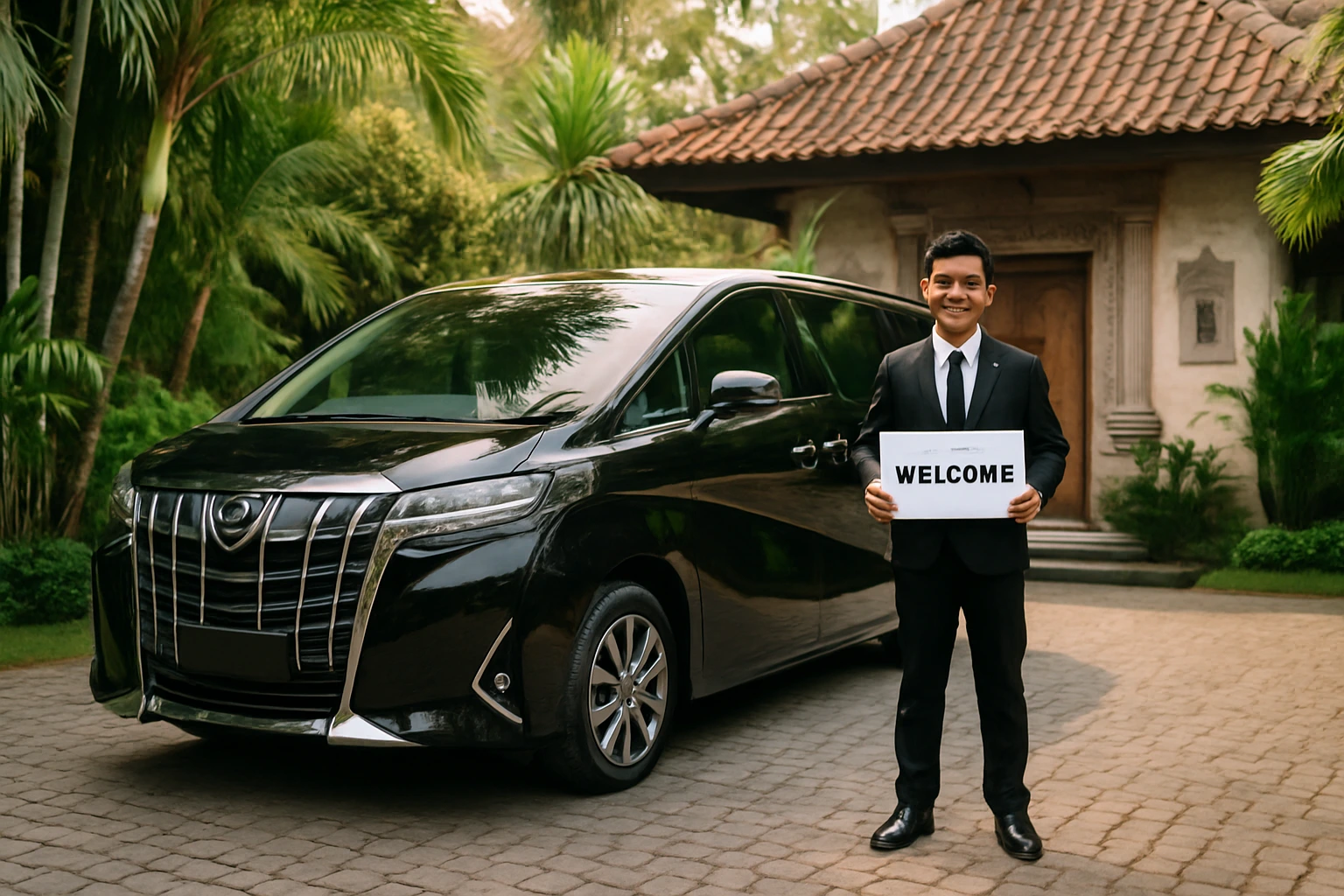 Luxury airport transfer in Bali, stylish private MPV car parked near villa entrance, smiling driver with welcome sign, palm trees and tropical background, elegant and relaxed mood