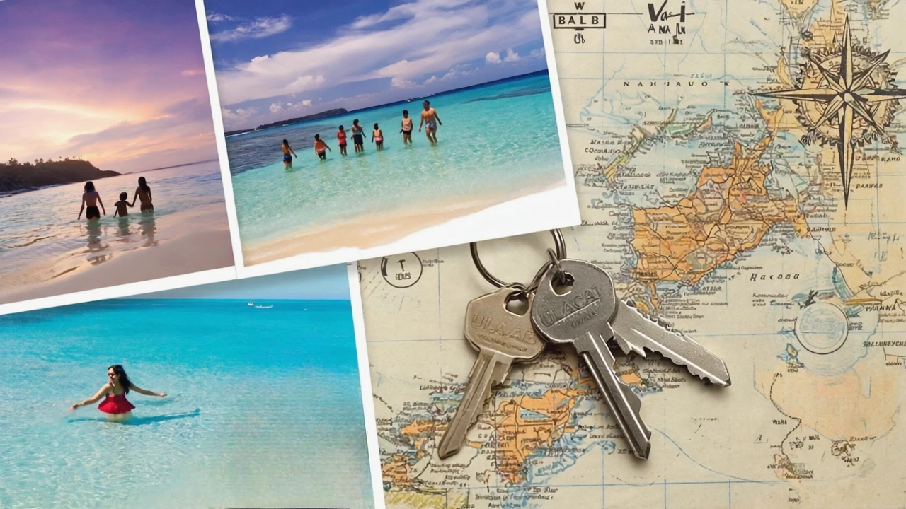 Collage of three Bali beach moments family playing in shallow water, couple enjoying a sunset, solo traveler sipping coconut with Ulacab car keys and a tropical map in the corner, travel lifestyle moodboard aesthetic.