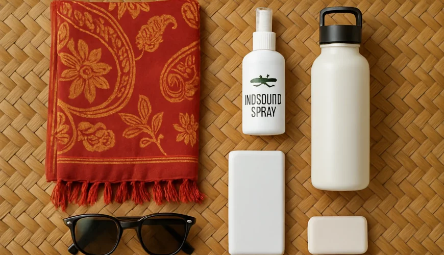 Essential items to pack for a Bali trip including sarong, mosquito spray, and reusable bottle.