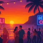 A vibrant digital illustration of Bali nightlife — sunset beach club with DJs, cliffside view, cocktails, stylish couples, solo travelers, party squads dancing under lights, tropical palms, glowing neon signs, modern travel blog aesthetic, cinematic wide shot, clean composition
