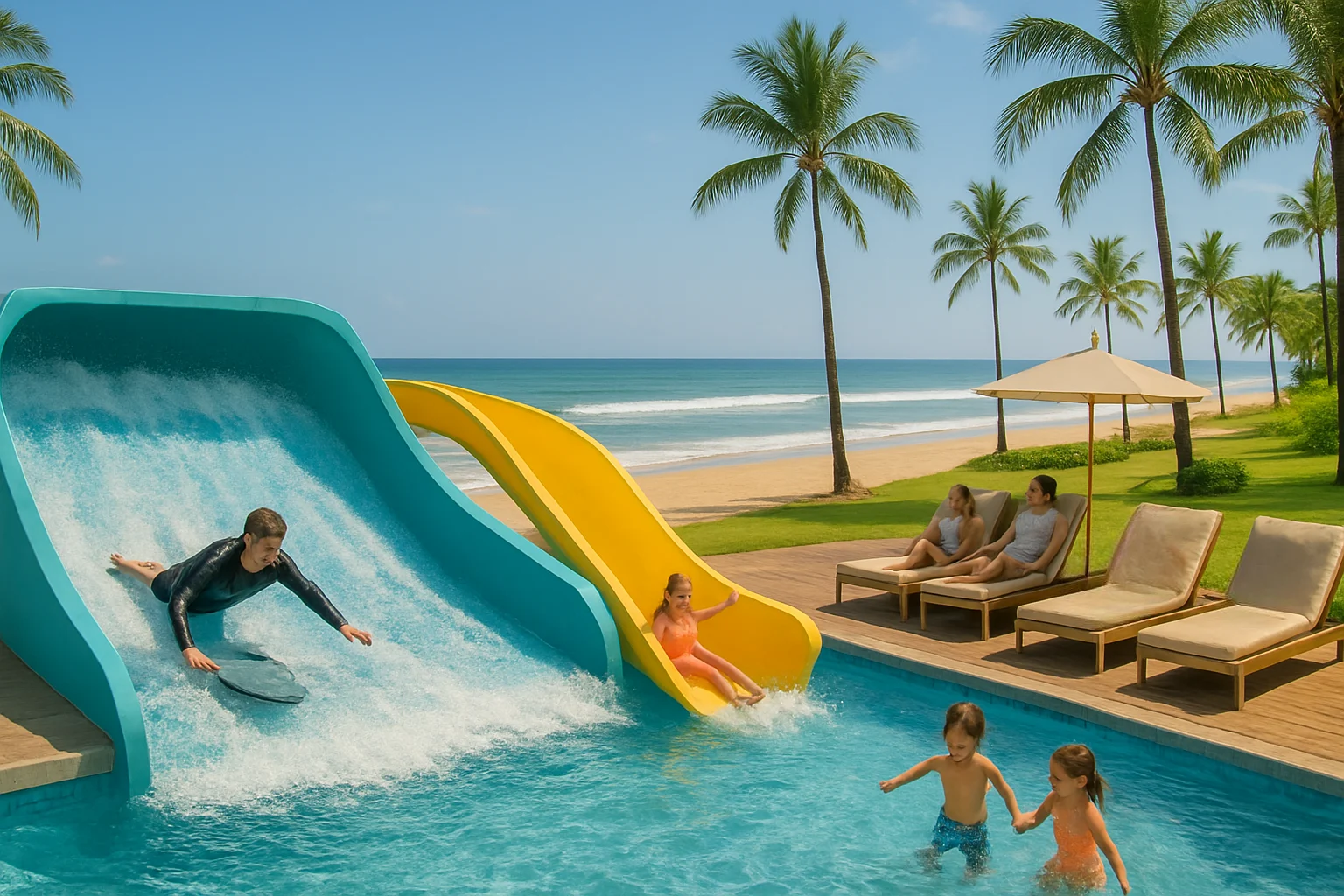 Beachfront water playground in Bali, teenagers trying artificial surf machines, families relaxing on daybeds by an infinity pool, kids sliding into the water, tropical beach and palm trees in the background.