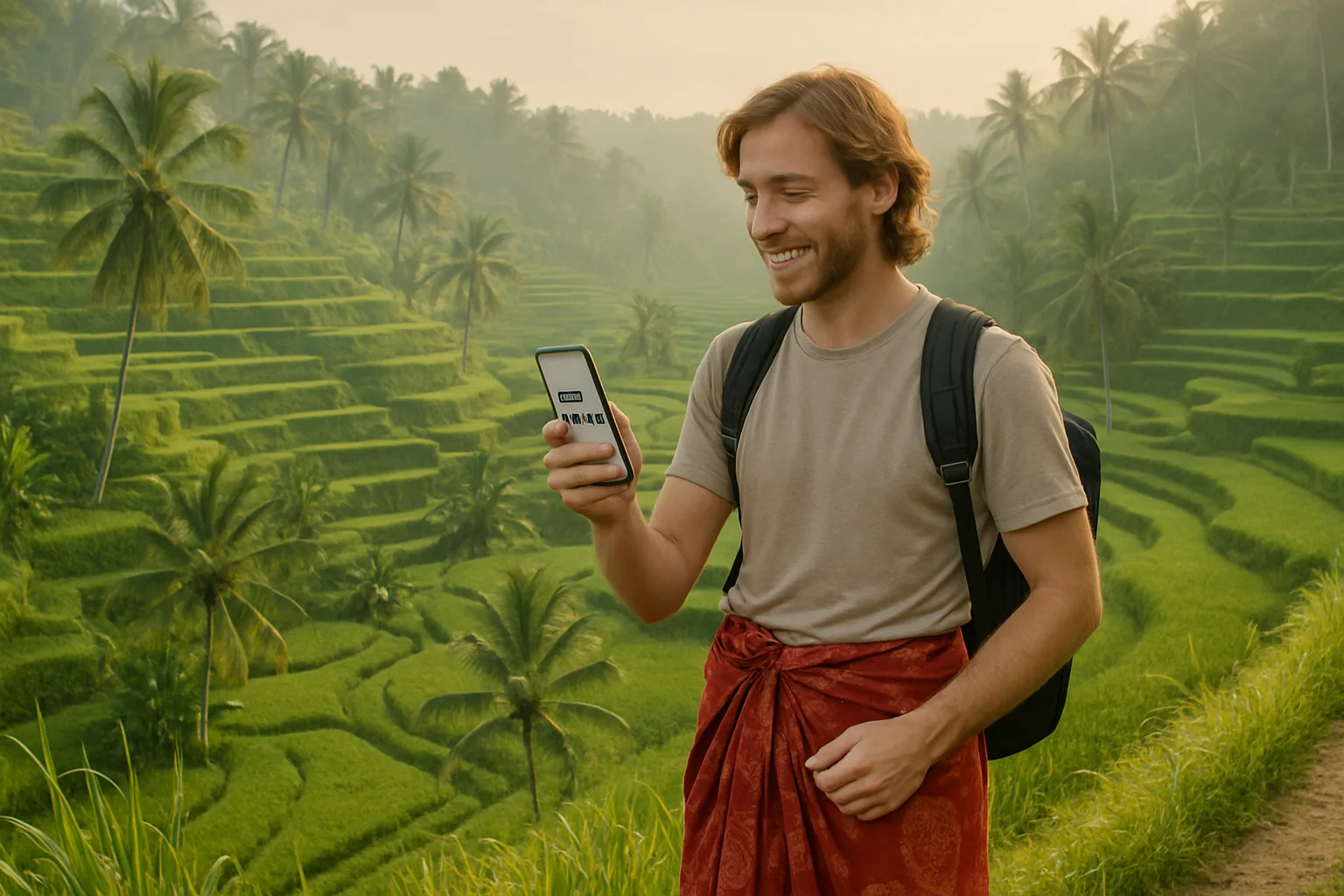 Traveler in Bali rice terraces booking an Ulacab ride on a smartphone.