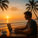 A stunning sunrise over a Bali beach with a young digital nomad working on a laptop at a beachfront café. Tropical vibes, smooth coffee on the table, clear ocean water, palm trees swaying, minimalist travel-magazine style