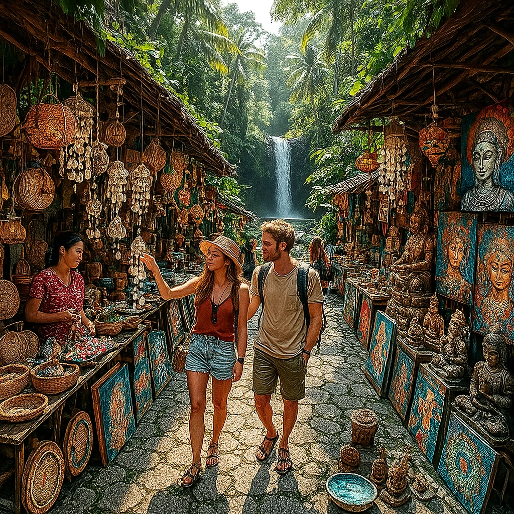 Traditional Bali art market scene in Sukawati, bustling with local vendors and travelers. Stalls filled with carved mirrors, puppets, vibrant batik fabrics, and large rolled paintings. Gritty, authentic, and old-school vibe with natural lighting and slightly rustic surroundings. Travelers negotiating prices with friendly vendors. Energetic yet cultural, cinematic quality.