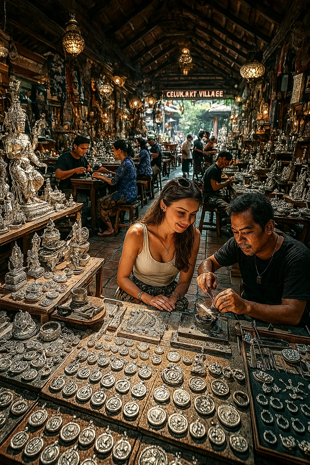 A serene, hidden art market near Tegenungan Waterfall, surrounded by lush jungle and flowing water in the distance. Stalls displaying bamboo crafts, resin art, spiritual sculptures, and shell ornaments. Soft natural light, peaceful vibe, with a couple of travelers exploring the market after visiting the waterfall. Dreamy and nature-inspired, high resolution.
