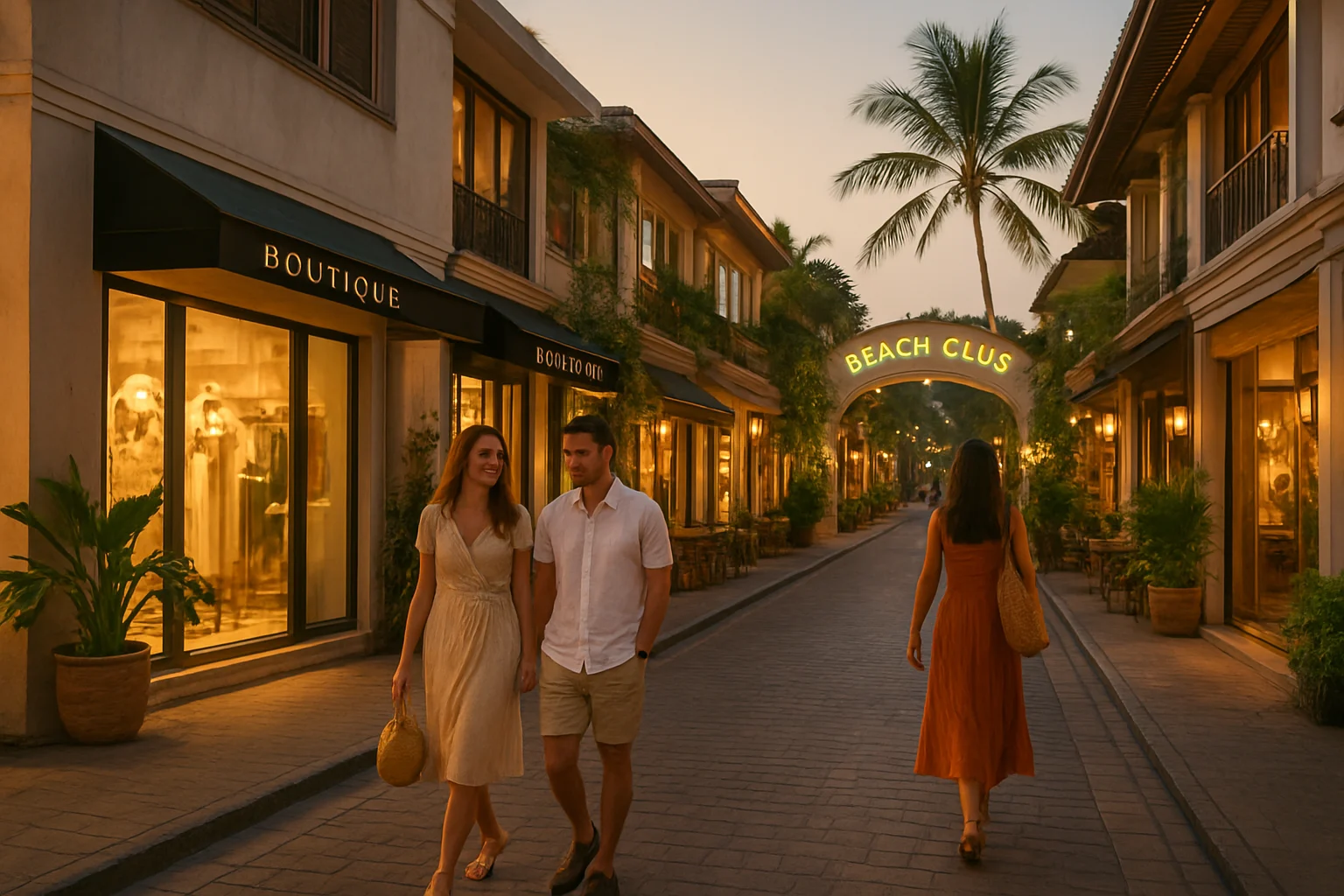Seminyak street with boutique stores, luxury cafés, and a stylish vibe.