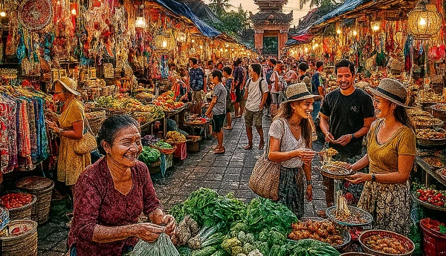 A cozy, local market scene near Sanur with fresh produce, textiles, and night market snacks. A relaxed, authentic vibe with local Balinese vendors smiling.