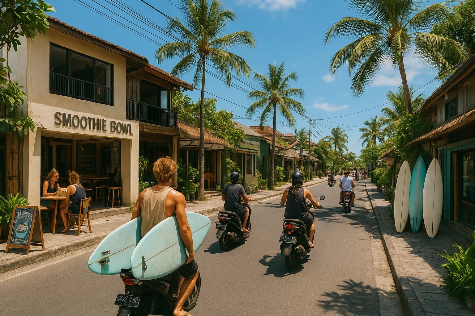 A lively street in Canggu filled with digital nomads on scooters, surfboards leaning on walls, smoothie bowl cafés, and trendy coworking spaces. Sunny tropical day, relaxed yet bustling vibe.