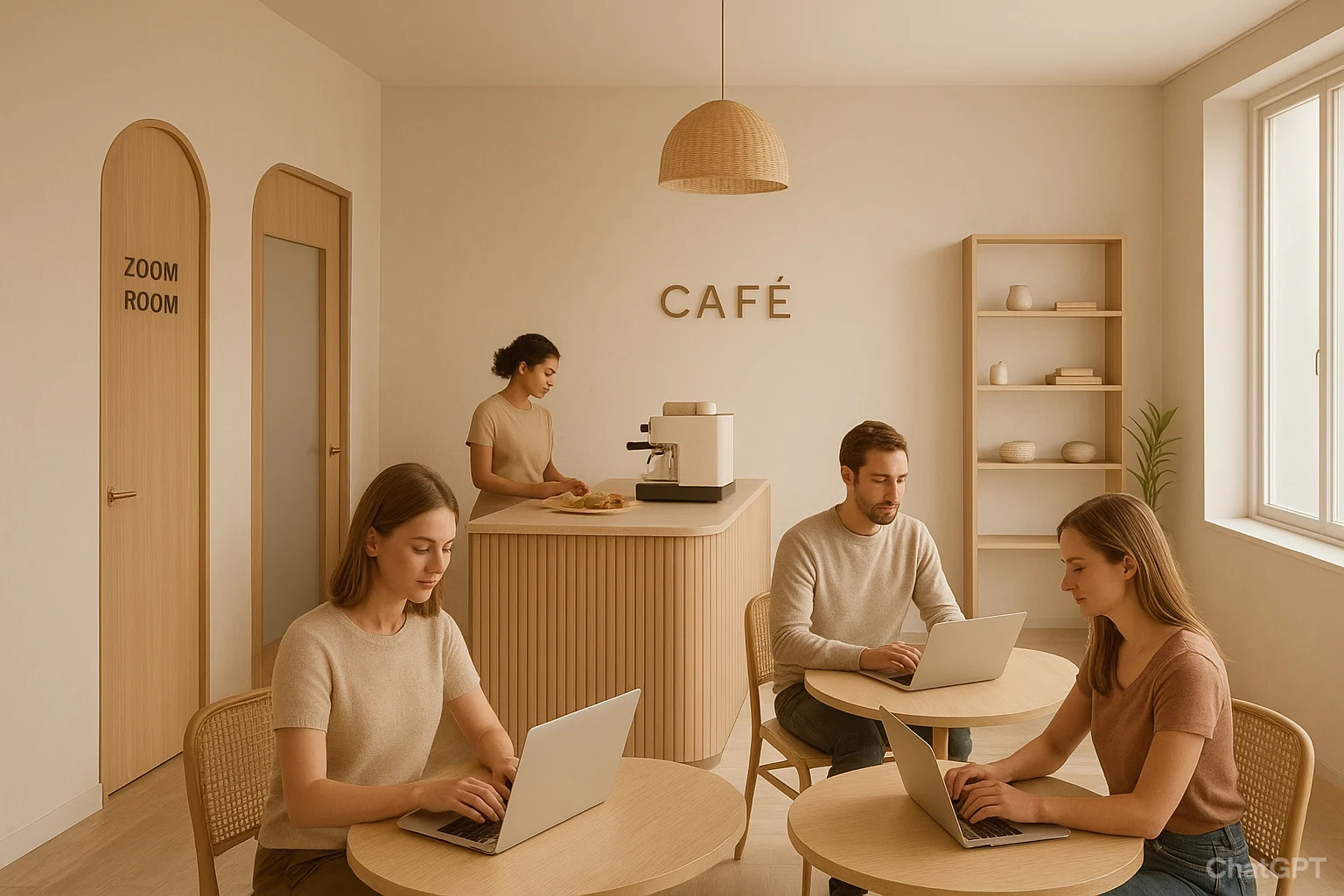 Bohemian-style coworking café with live music corner, cozy seating, artistic nomads chatting. Fairy lights, cacao ceremony setup, vibrant communal vibe, warm boho aesthetic.