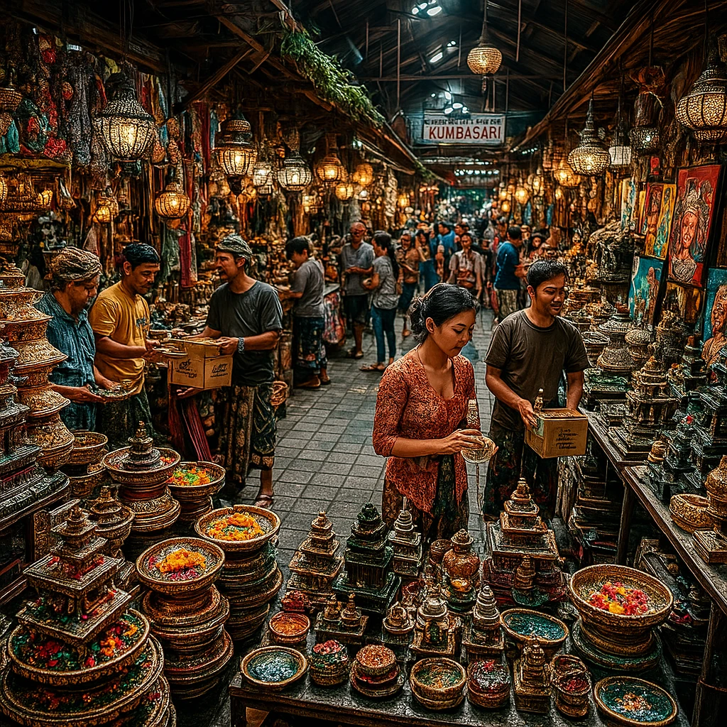 Authentic local Bali market scene inside Kumbasari Art Market, layered with traditional items like ornate offering trays, incense holders, and temple miniatures. Balinese locals shopping, vibrant but less touristy atmosphere. Slightly dim indoor lighting with colorful displays, a true cultural experience captured realistically.