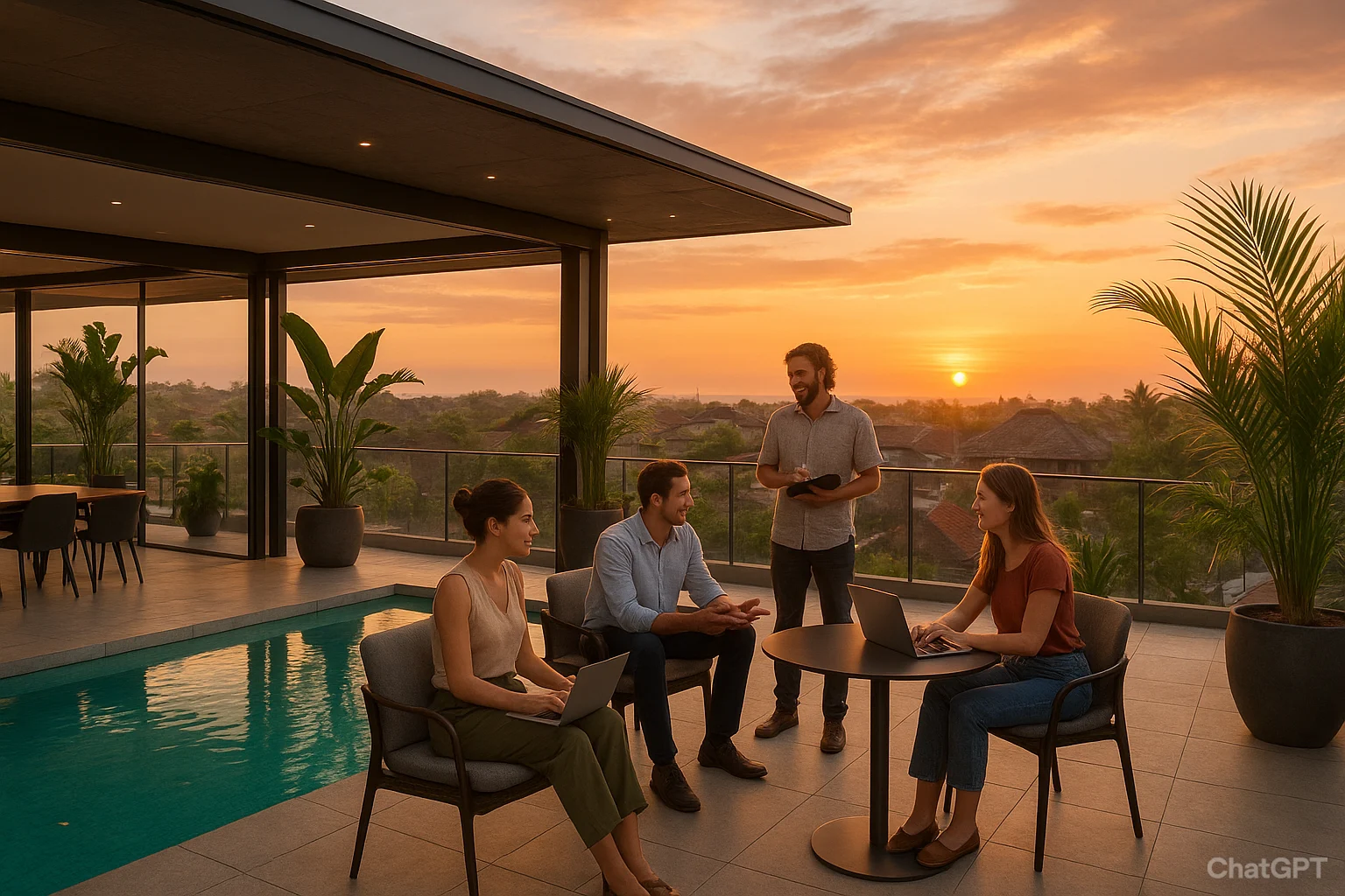 Stylish rooftop coworking space in Canggu with pool, lounge chairs, and people networking. Sleek modern interiors with tropical plants, creative professionals collaborating, Bali sunset in the background, high-resolution, lifestyle photography.