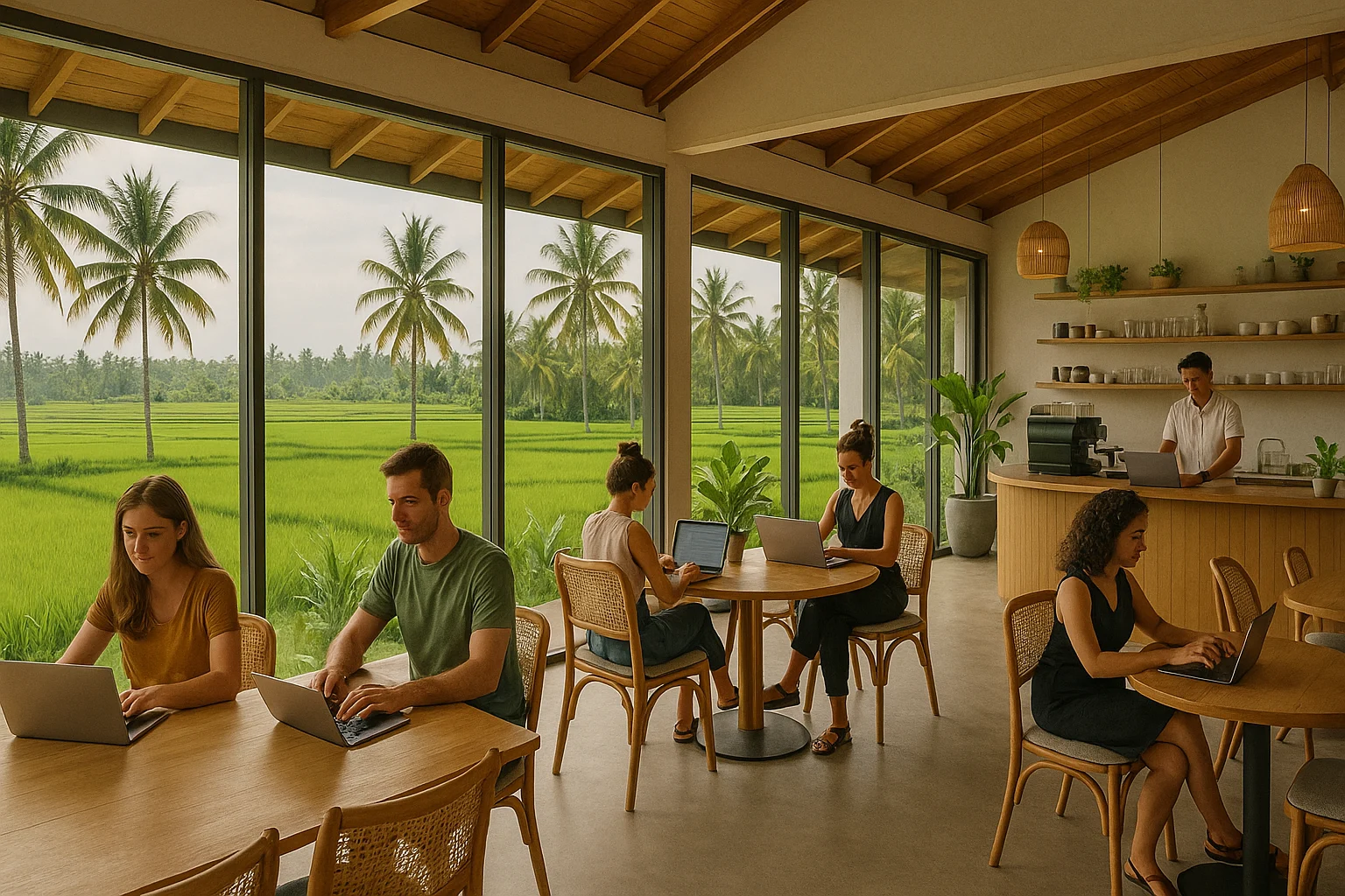 Jungle-inspired coworking hub with yoga mats, quiet pods, and a serene atmosphere. Remote workers doing deep focus tasks surrounded by greenery, soft, calming lighting.