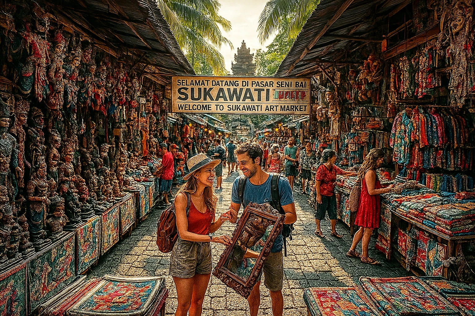 A lively morning scene at Ubud Art Market in 2025, colorful stalls filled with silk scarves, batik shirts, handwoven bags, and wooden carvings. Travelers and local artisans interacting, calm yet vibrant atmosphere, surrounded by tropical greenery. Early morning sunlight filtering through, with Ubud Palace visible in the background. Warm, welcoming, high-resolution, travel-magazine style.