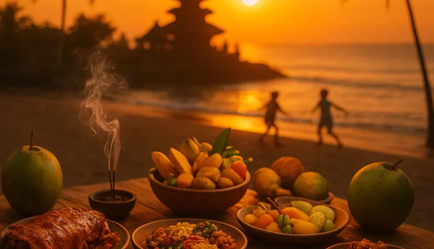 A vibrant Balinese food scene at sunset, wooden table filled with babi guling, nasi campur, satay skewers, tropical fruits, coconut drinks, incense smoke rising, temple silhouette in the background, warm golden light, lively local vibe, cinematic composition.