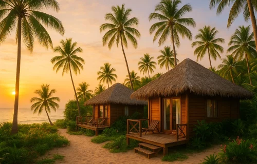 Mango Bay Resort in Ông Lang, Phú Quốc. Eco-friendly beachfront bungalows made of wood and thatch, tropical gardens with palm trees, soft evening light, and ocean view in the distance.