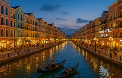 Colorful European-style buildings and canals at Grand World Phú Quốc in Gành Dầu.