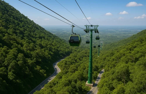 Cable cars ascending Bà Đen Mountain offering a scenic view of the landscape below.