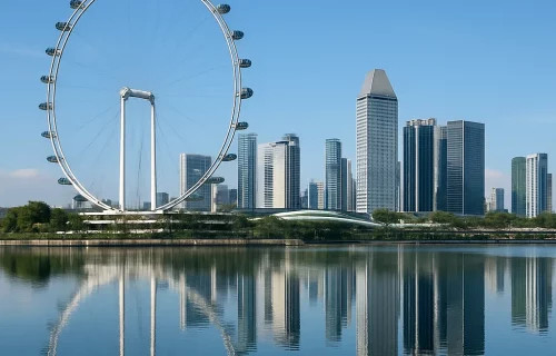Singapore Flyer observation wheel overlooking Marina Bay under clear daylight